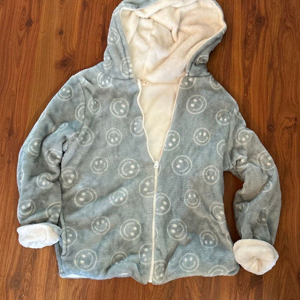 Emma & Elsa reversible soft fleece jacket smile faces blue cream size 10 girls